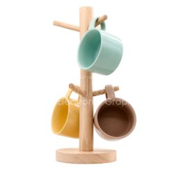 Macaroon Colors Ceramic Coffee Mug Set with Wooden Mug Tree Stand