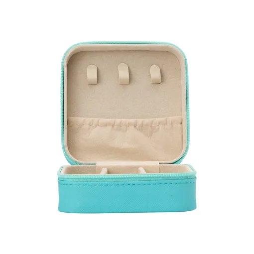 This compact, well-organized box features ring holders, necklace hooks, and removable dividers